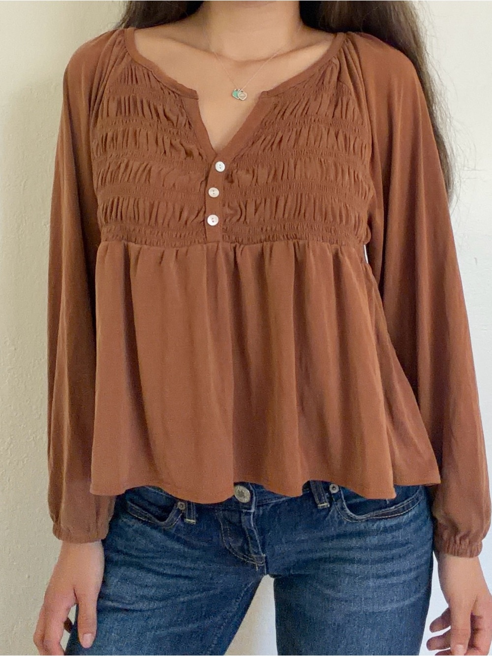 Lucky Brand Rust Brown Smocked Peasant Top